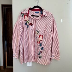 Karen Scott Sport Christmas Shirt Red White Stripe Embroidered Holiday Top